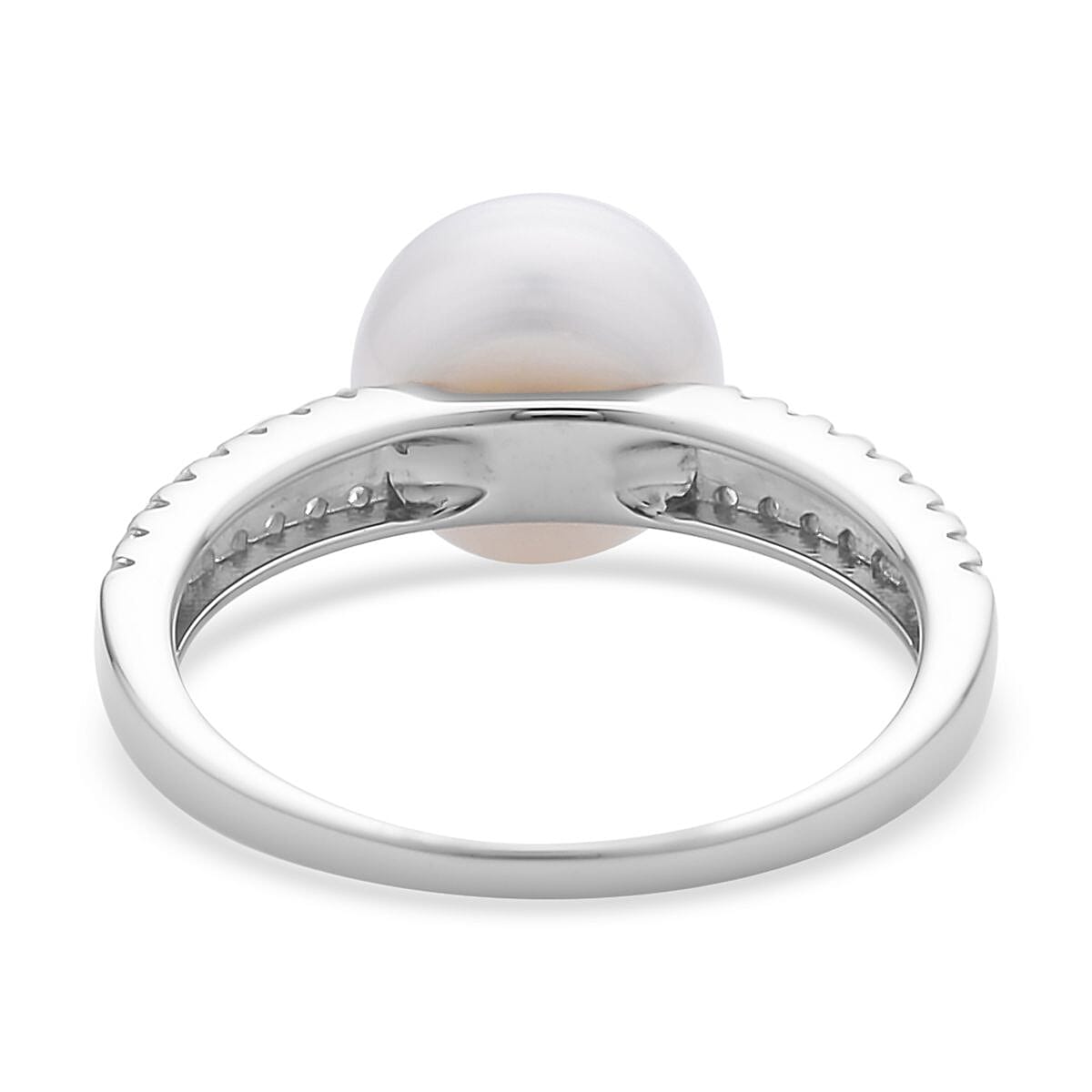 White Freshwater Pearl and Simulated Diamond Ring in Rhodium Over Sterling Silver (Size 6.0) 0.35 ctw