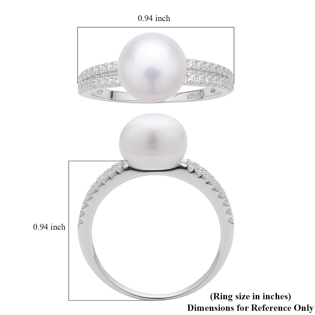 White Freshwater Pearl and Simulated Diamond Ring in Rhodium Over Sterling Silver (Size 6.0) 0.35 ctw