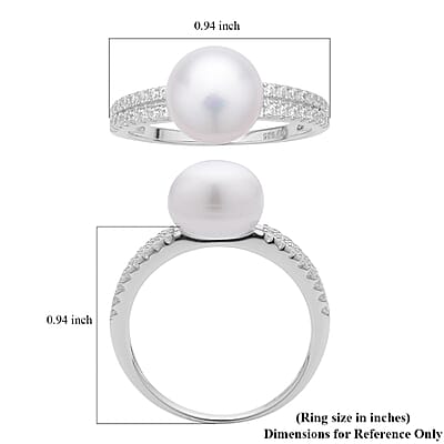 White Freshwater Pearl and Simulated Diamond Ring in Rhodium Over Sterling Silver (Size 6.0) 0.35 ctw