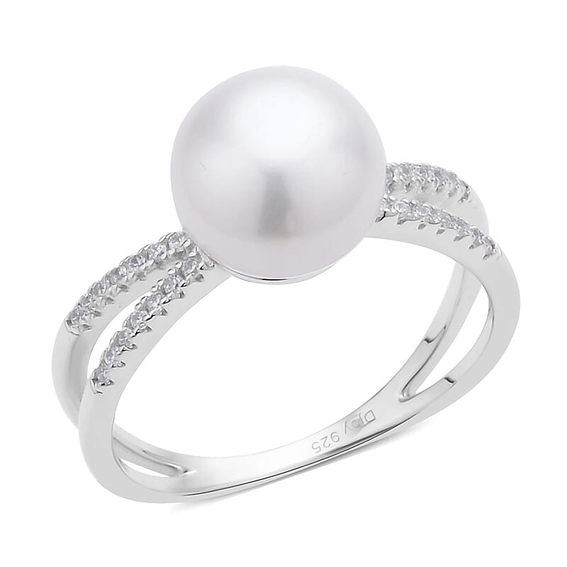 White Freshwater Pearl and Simulated Diamond Split Shank Ring in Rhodium Over Sterling Silver (Size 10.0) 0.25 ctw