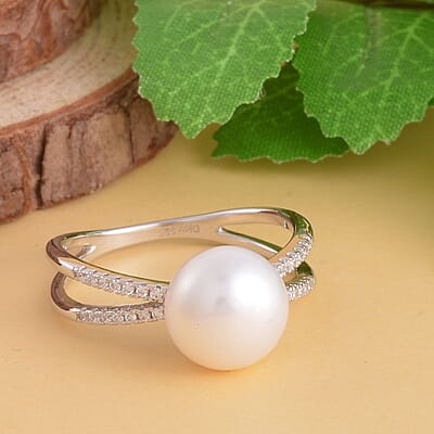White Freshwater Pearl and Simulated Diamond Split Shank Ring in Rhodium Over Sterling Silver (Size 10.0) 0.25 ctw