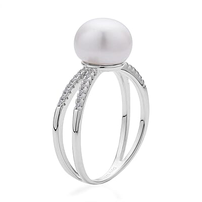 White Freshwater Pearl and Simulated Diamond Split Shank Ring in Rhodium Over Sterling Silver (Size 10.0) 0.25 ctw