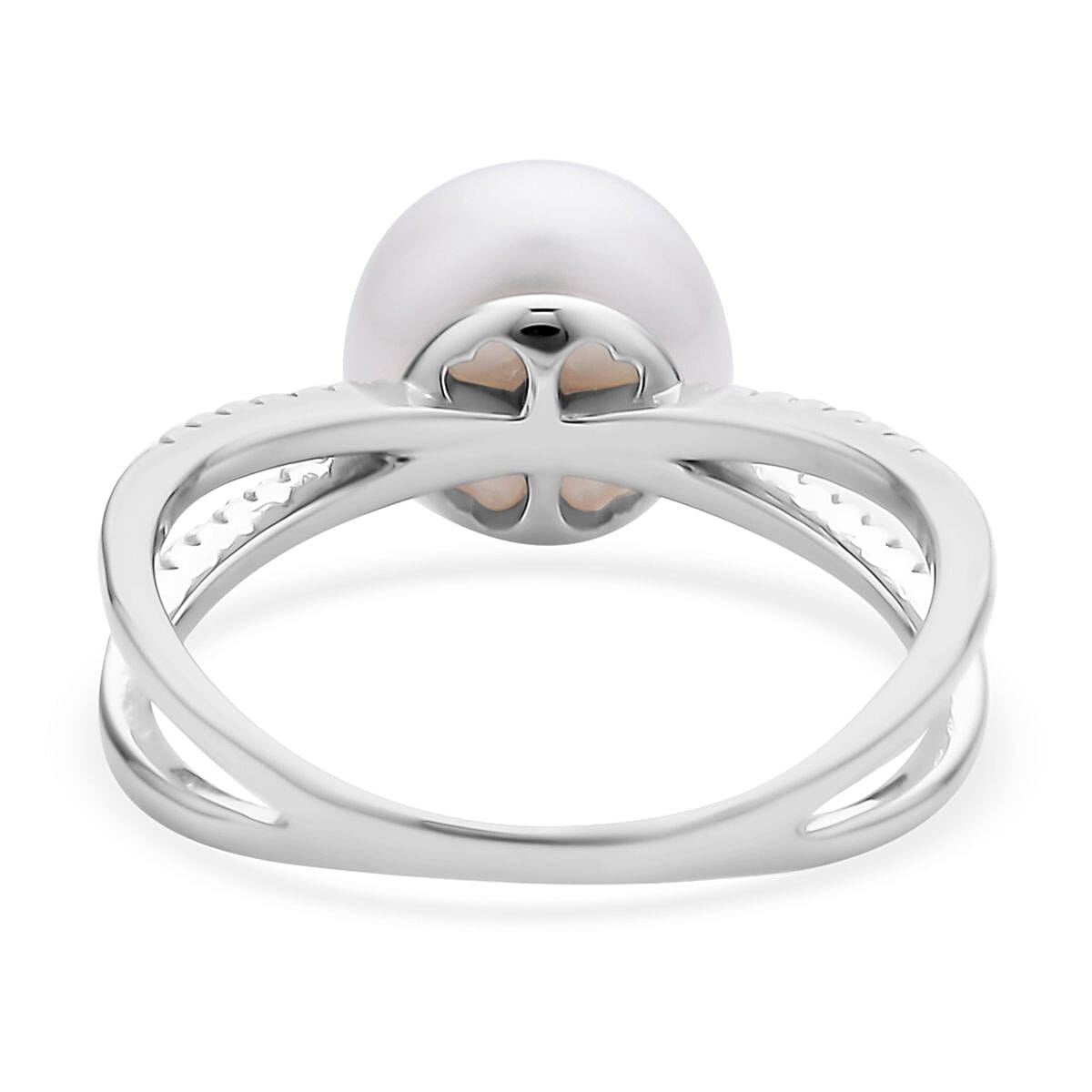 White Freshwater Pearl and Simulated Diamond Split Shank Ring in Rhodium Over Sterling Silver (Size 10.0) 0.25 ctw