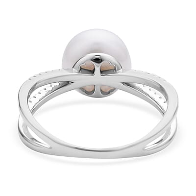 White Freshwater Pearl and Simulated Diamond Split Shank Ring in Rhodium Over Sterling Silver (Size 10.0) 0.25 ctw