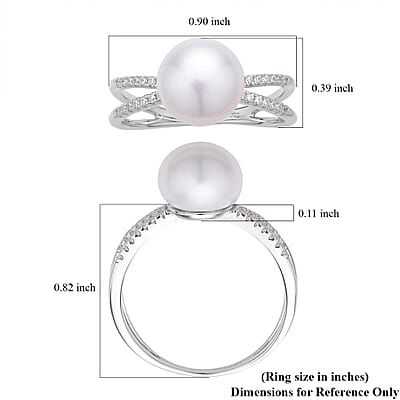 White Freshwater Pearl and Simulated Diamond Split Shank Ring in Rhodium Over Sterling Silver (Size 10.0) 0.25 ctw