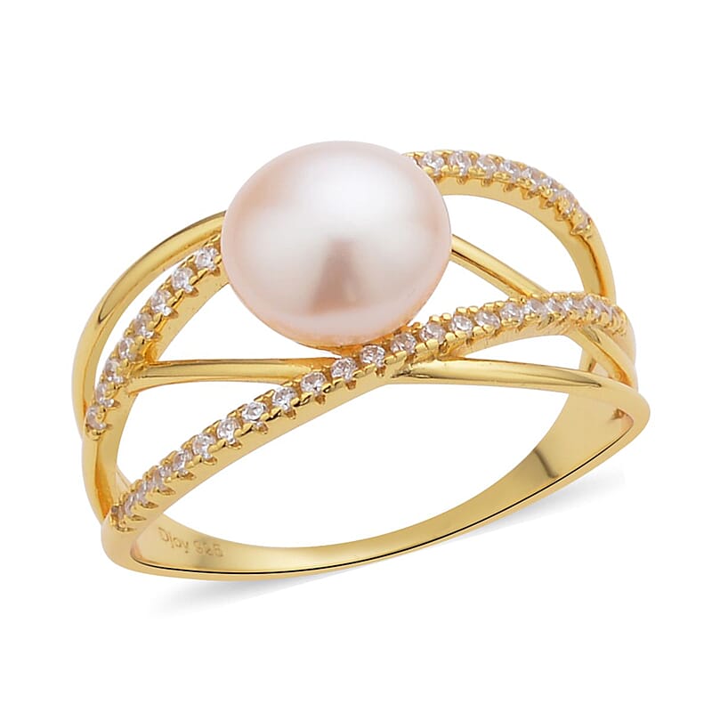 Peach Freshwater Pearl and Simulated Diamond Multi Shank Ring in 14K Yellow Gold Over Sterling Silver (Size 10.0) 0.35 ctw