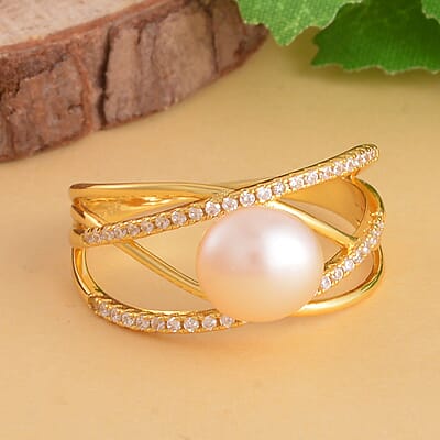 Peach Freshwater Pearl and Simulated Diamond Multi Shank Ring in 14K Yellow Gold Over Sterling Silver (Size 10.0) 0.35 ctw
