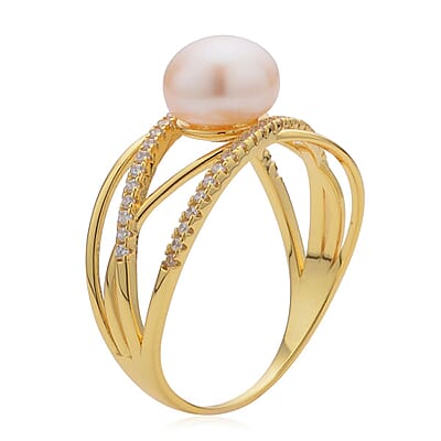 Peach Freshwater Pearl and Simulated Diamond Multi Shank Ring in 14K Yellow Gold Over Sterling Silver (Size 10.0) 0.35 ctw