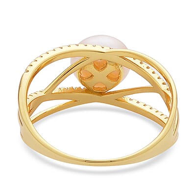 Peach Freshwater Pearl and Simulated Diamond Multi Shank Ring in 14K Yellow Gold Over Sterling Silver (Size 10.0) 0.35 ctw