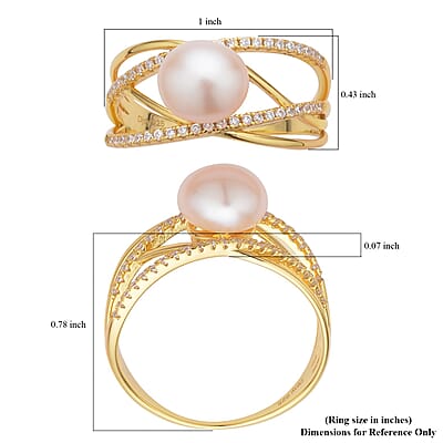 Peach Freshwater Pearl and Simulated Diamond Multi Shank Ring in 14K Yellow Gold Over Sterling Silver (Size 10.0) 0.35 ctw
