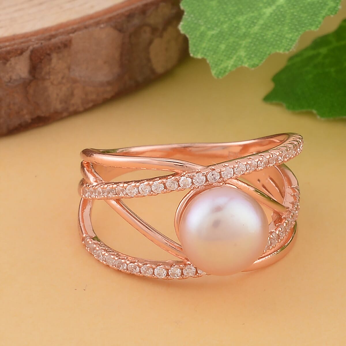 Peach Freshwater Pearl and Simulated Diamond Multi Shank Ring in 14K Yellow Gold Over Sterling Silver 0.35 ctw image number 1