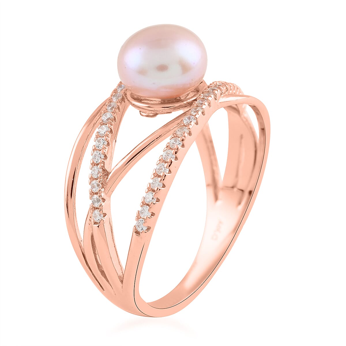 Peach Freshwater Pearl and Simulated Diamond Multi Shank Ring in 14K Yellow Gold Over Sterling Silver 0.35 ctw image number 3