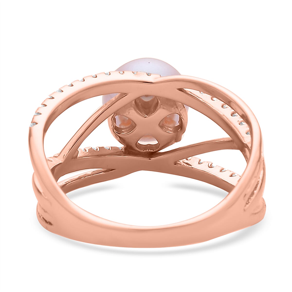Peach Freshwater Pearl and Simulated Diamond Multi Shank Ring in 14K Yellow Gold Over Sterling Silver 0.35 ctw image number 4