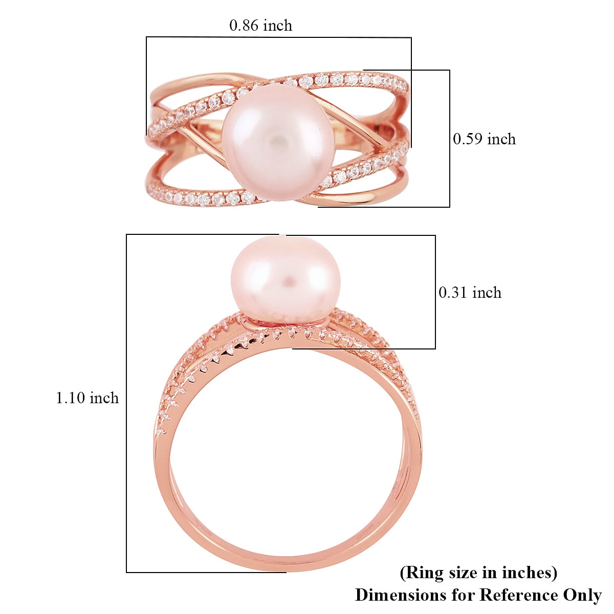 Peach Freshwater Pearl and Simulated Diamond Multi Shank Ring in 14K Yellow Gold Over Sterling Silver 0.35 ctw image number 5