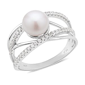 White Freshwater Pearl and Simulated Diamond Multi Shank Ring in Rhodium Over Sterling Silver (Size 5.0) 0.35 ctw