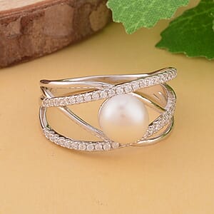 White Freshwater Pearl and Simulated Diamond Multi Shank Ring in Rhodium Over Sterling Silver (Size 5.0) 0.35 ctw