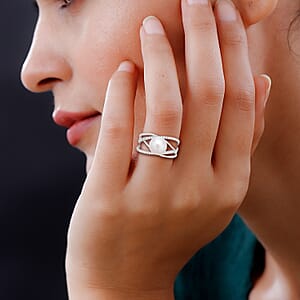White Freshwater Pearl and Simulated Diamond Multi Shank Ring in Rhodium Over Sterling Silver (Size 5.0) 0.35 ctw