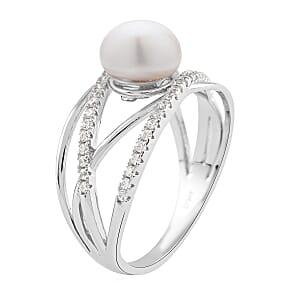 White Freshwater Pearl and Simulated Diamond Multi Shank Ring in Rhodium Over Sterling Silver (Size 5.0) 0.35 ctw