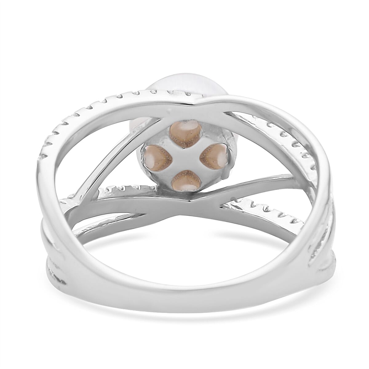 White Freshwater Pearl and Simulated Diamond Multi Shank Ring in Rhodium Over Sterling Silver (Size 5.0) 0.35 ctw image number 4