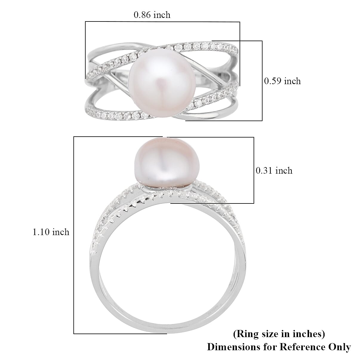 White Freshwater Pearl and Simulated Diamond Multi Shank Ring in Rhodium Over Sterling Silver (Size 5.0) 0.35 ctw image number 5