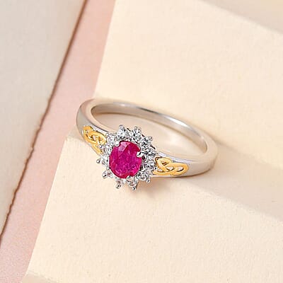 Premium Montepuez Ruby and Natural White Zircon Trinity Knot Ring in Vermeil Yellow Gold and Platinum Over Sterling Silver (Size 10.0) 0.65 ctw