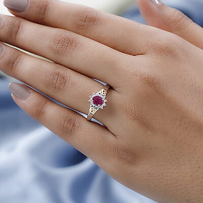 Premium Montepuez Ruby and Natural White Zircon Trinity Knot Ring in Vermeil Yellow Gold and Platinum Over Sterling Silver (Size 10.0) 0.65 ctw