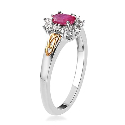 Premium Montepuez Ruby and Natural White Zircon Trinity Knot Ring in Vermeil Yellow Gold and Platinum Over Sterling Silver (Size 10.0) 0.65 ctw