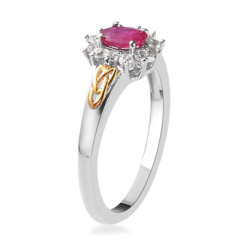 Premium Montepuez Ruby and Natural White Zircon Trinity Knot Ring in Vermeil Yellow Gold and Platinum Over Sterling Silver (Size 10.0) 0.65 ctw