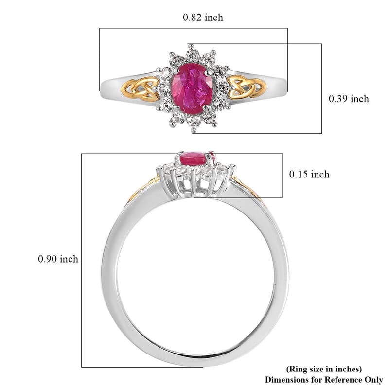 Premium Montepuez Ruby and Natural White Zircon Trinity Knot Ring in Vermeil Yellow Gold and Platinum Over Sterling Silver (Size 10.0) 0.65 ctw