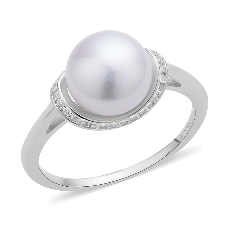 White Freshwater Pearl and Simulated Diamond Ring in Rhodium Over Sterling Silver (Size 10.0) 0.25 ctw