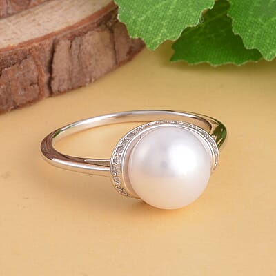 White Freshwater Pearl and Simulated Diamond Ring in Rhodium Over Sterling Silver (Size 10.0) 0.25 ctw
