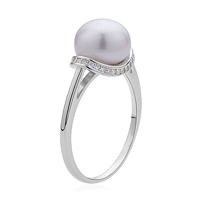 White Freshwater Pearl and Simulated Diamond Ring in Rhodium Over Sterling Silver (Size 10.0) 0.25 ctw
