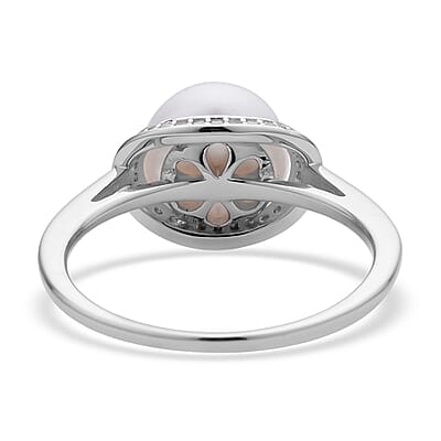 White Freshwater Pearl and Simulated Diamond Ring in Rhodium Over Sterling Silver (Size 10.0) 0.25 ctw