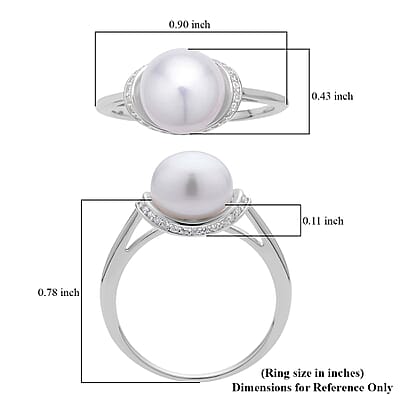 White Freshwater Pearl and Simulated Diamond Ring in Rhodium Over Sterling Silver (Size 10.0) 0.25 ctw