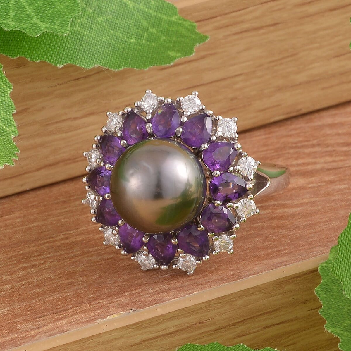 Tahitian Cultured Pearl 10-11mm, Amethyst, Moissanite Floral Ring in Rhodium Over Sterling Silver (Size 10.0) 2.10 ctw image number 1