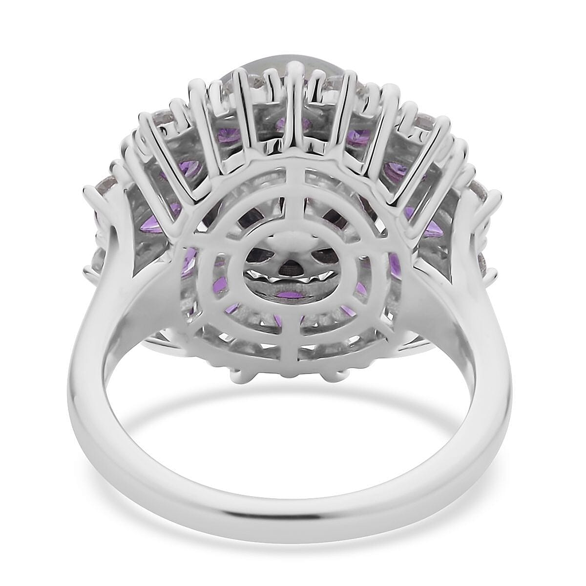 Tahitian Cultured Pearl 10-11mm, Amethyst, Moissanite Floral Ring in Rhodium Over Sterling Silver (Size 10.0) 2.10 ctw image number 4