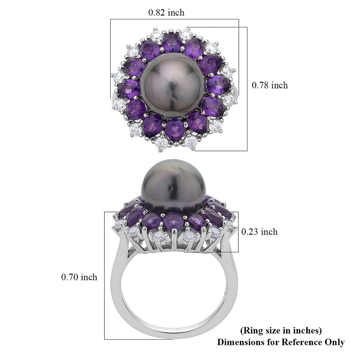 Tahitian Cultured Pearl 10-11mm, Amethyst, Moissanite Floral Ring in Rhodium Over Sterling Silver (Size 10.0) 2.10 ctw image number 5