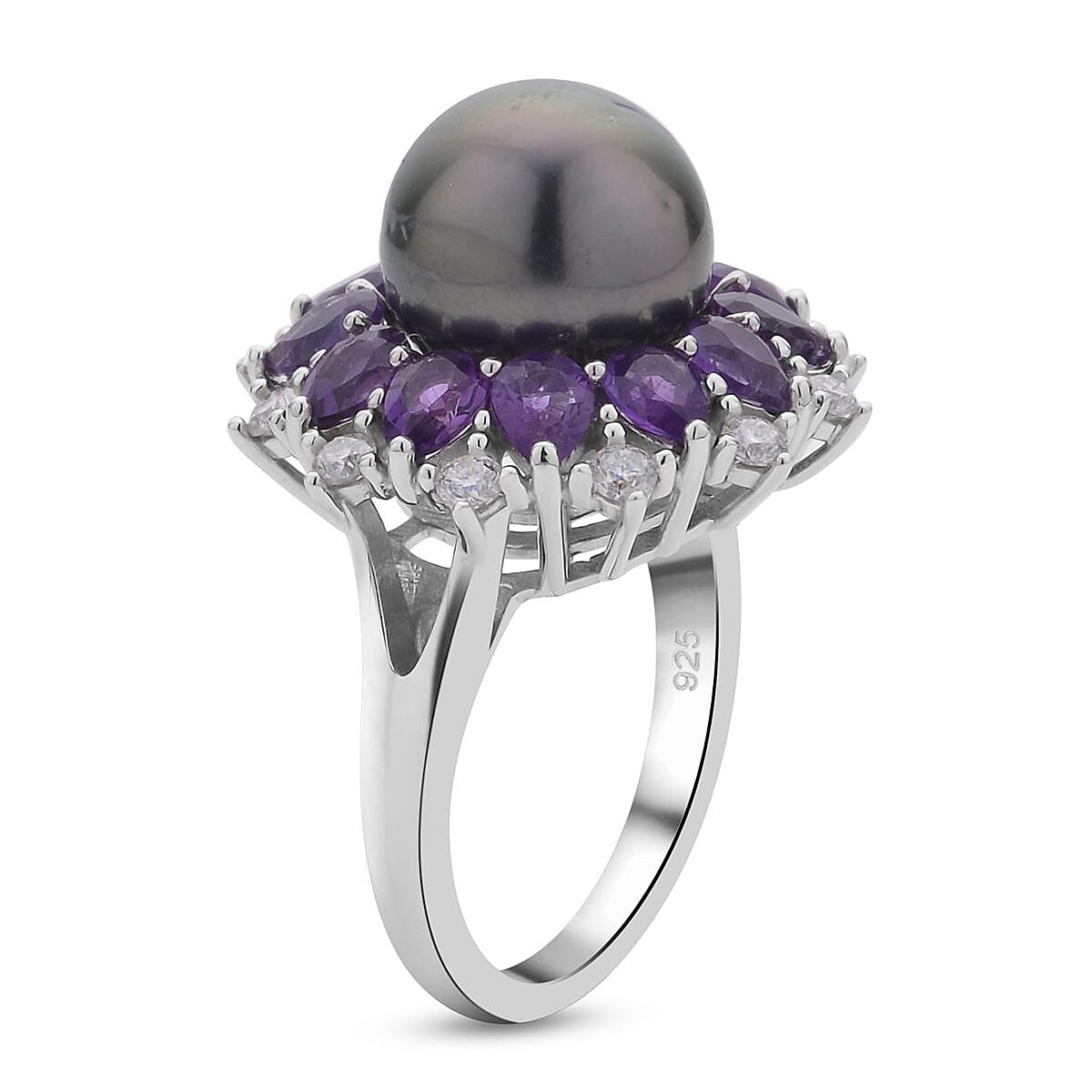 Tahitian Cultured Pearl 10-11mm, Amethyst and Moissanite Ring in Rhodium Over Sterling Silver (Size 9.0) 2.10 ctw image number 3