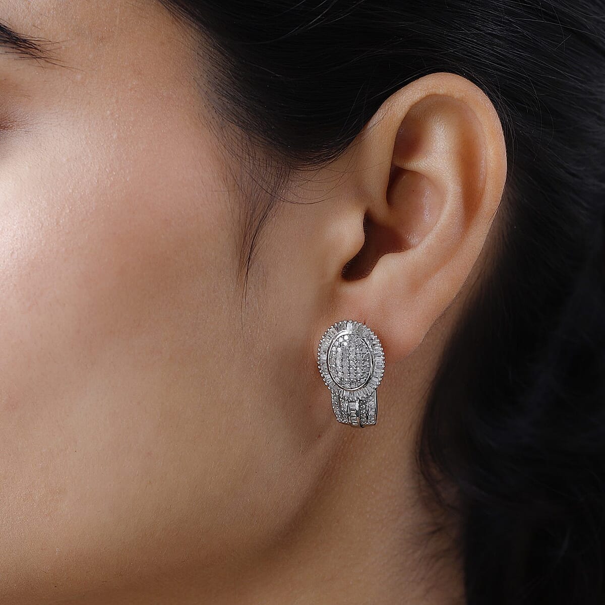 Diamond J-Hoop Earrings in Platinum Over Sterling Silver 7 Grams 2.00 ctw image number 2