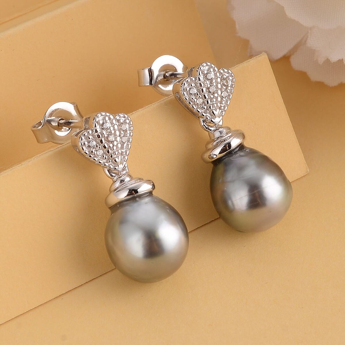 Tahitian Cultured Pearl 9-10mm and White Zircon Earrings in Rhodium Over Sterling Silver 0.20 ctw image number 1