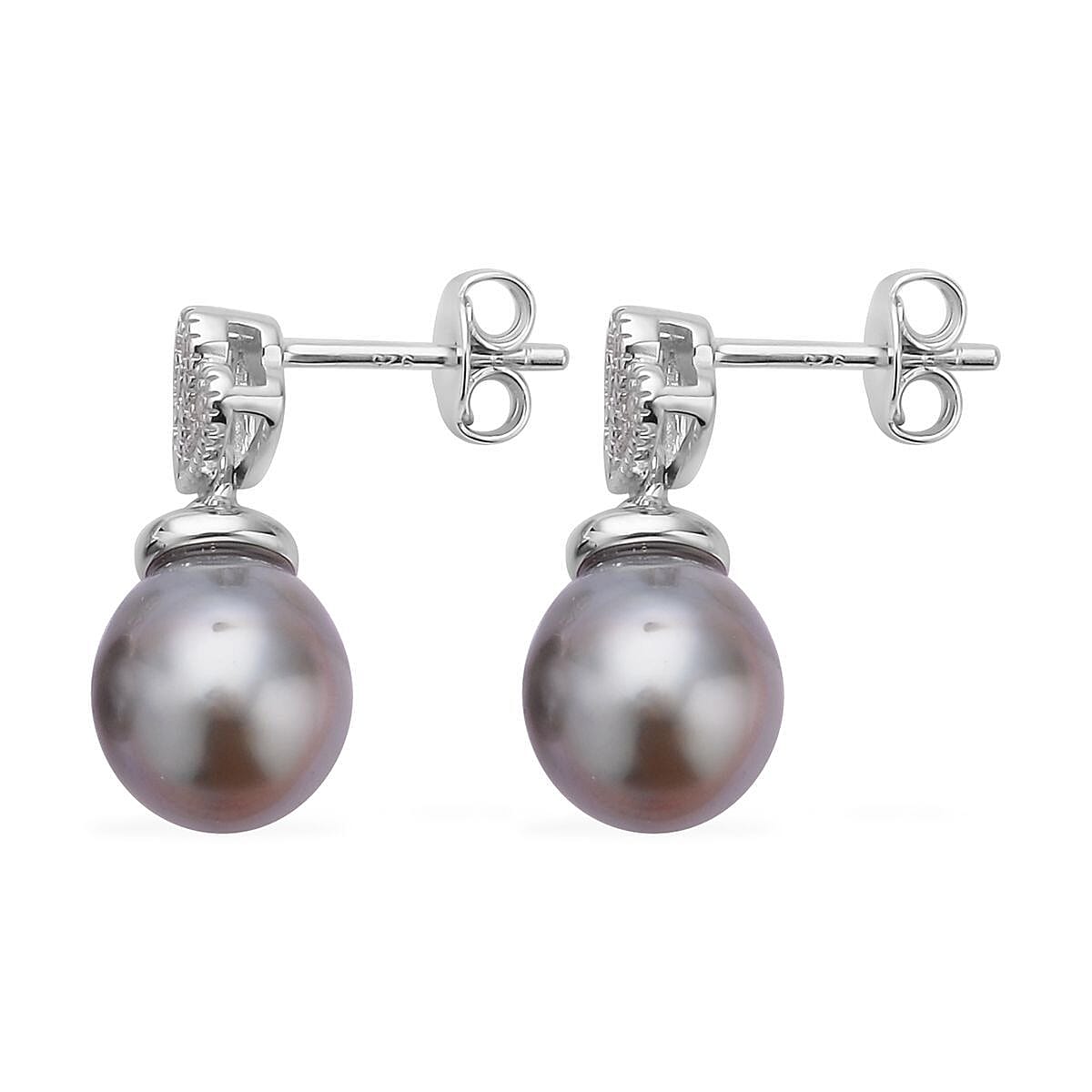 Tahitian Cultured Pearl 9-10mm and White Zircon Earrings in Rhodium Over Sterling Silver 0.20 ctw image number 3