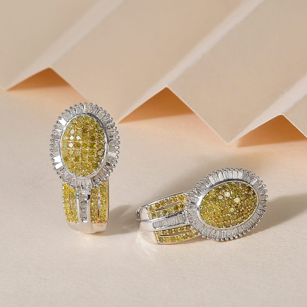 Yellow and White Diamond J-Hoop Earrings in Platinum Over Sterling Silver 2.00 ctw image number 1