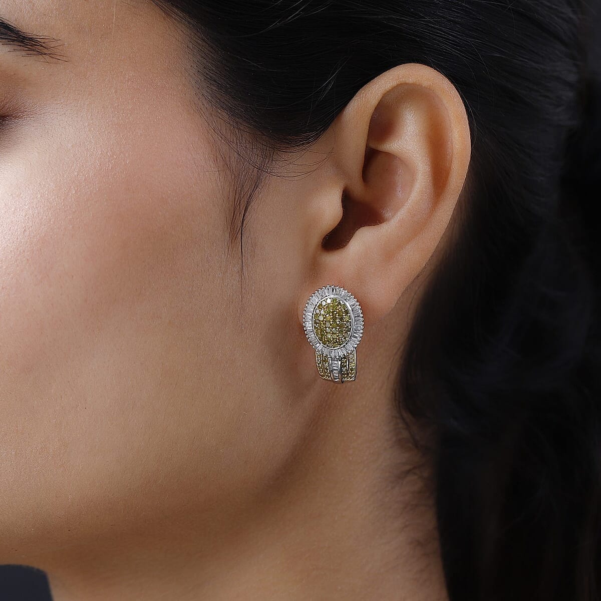 Yellow and White Diamond J-Hoop Earrings in Platinum Over Sterling Silver 2.00 ctw image number 2