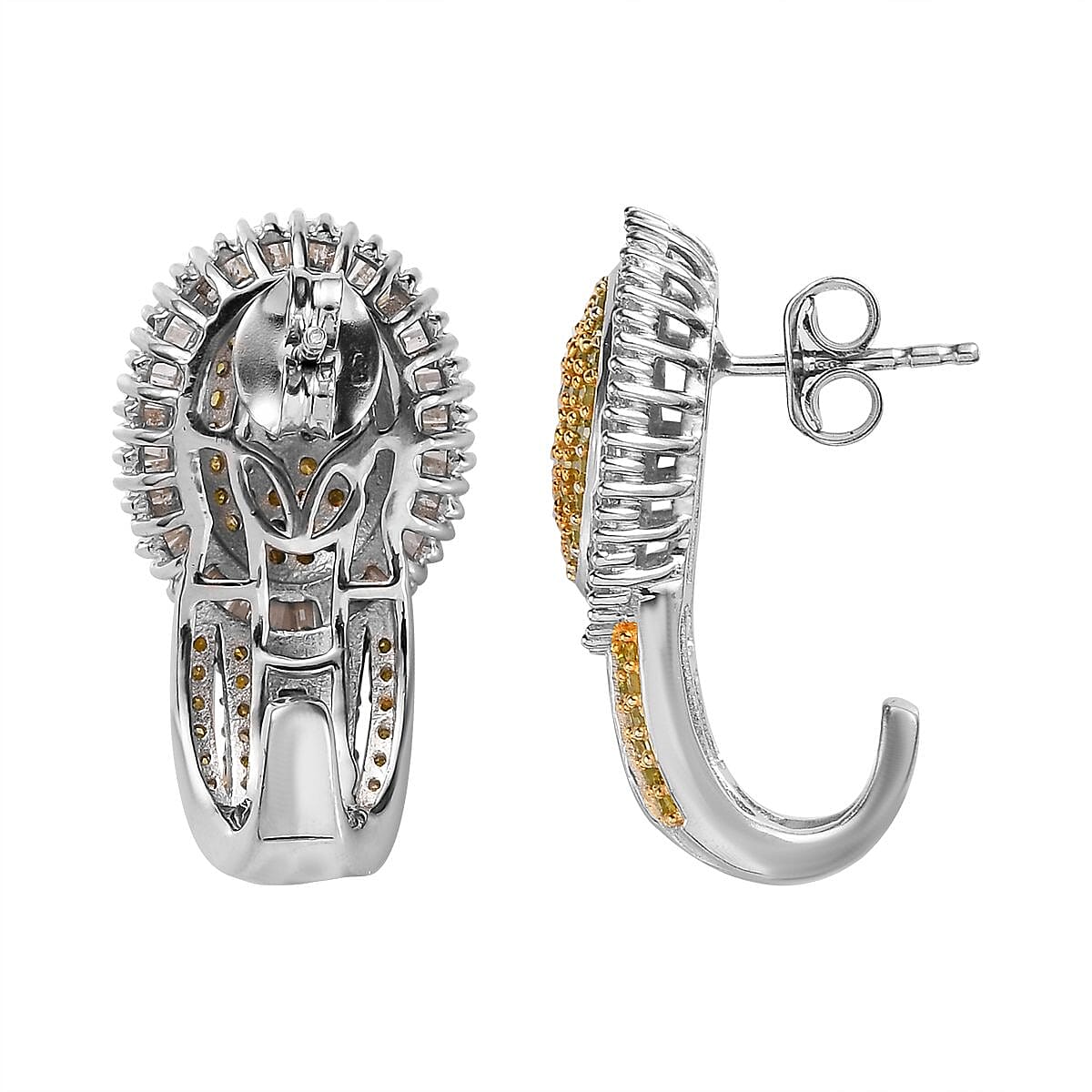 Yellow and White Diamond J-Hoop Earrings in Platinum Over Sterling Silver 2.00 ctw image number 3