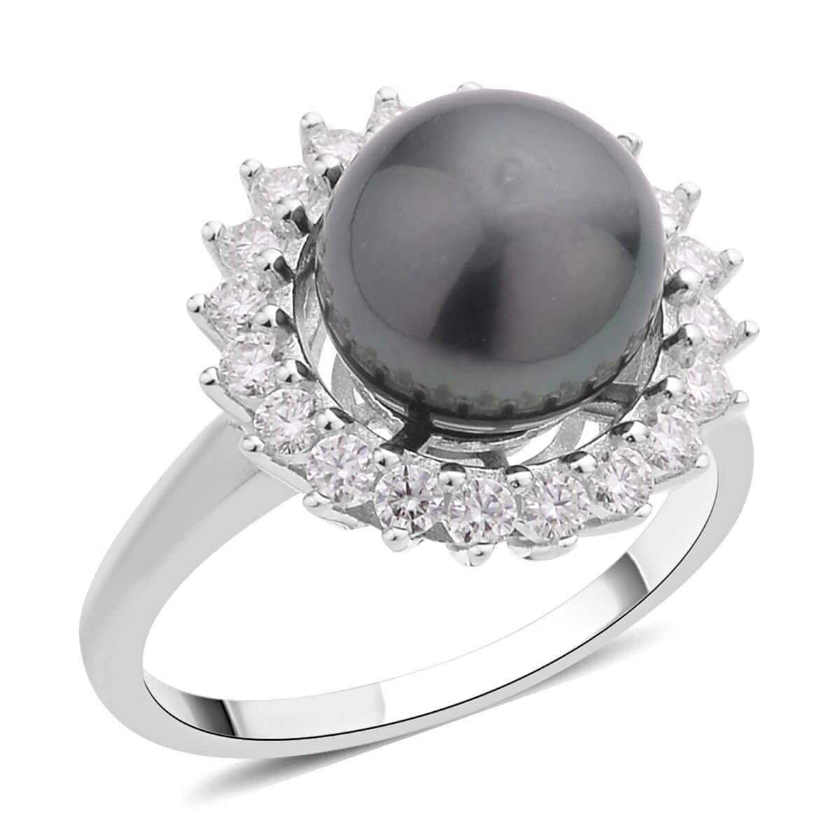 Tahitian Cultured Pearl 10-11mm and Moissanite Sunburst Ring in Sterling Silver (Size 10.0) 0.65 ctw image number 0