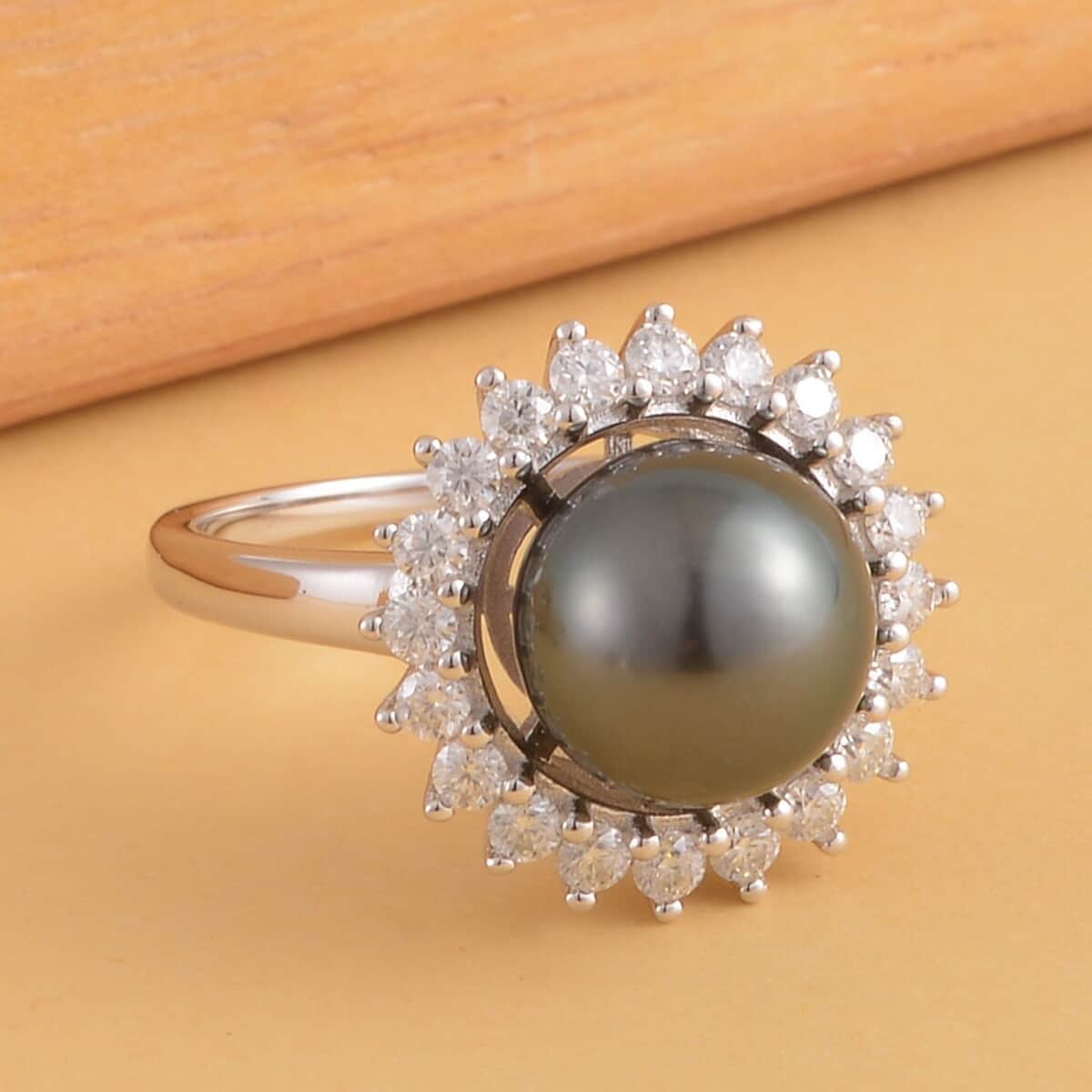 Tahitian Cultured Pearl 10-11mm and Moissanite Sunburst Ring in Sterling Silver (Size 10.0) 0.65 ctw image number 1