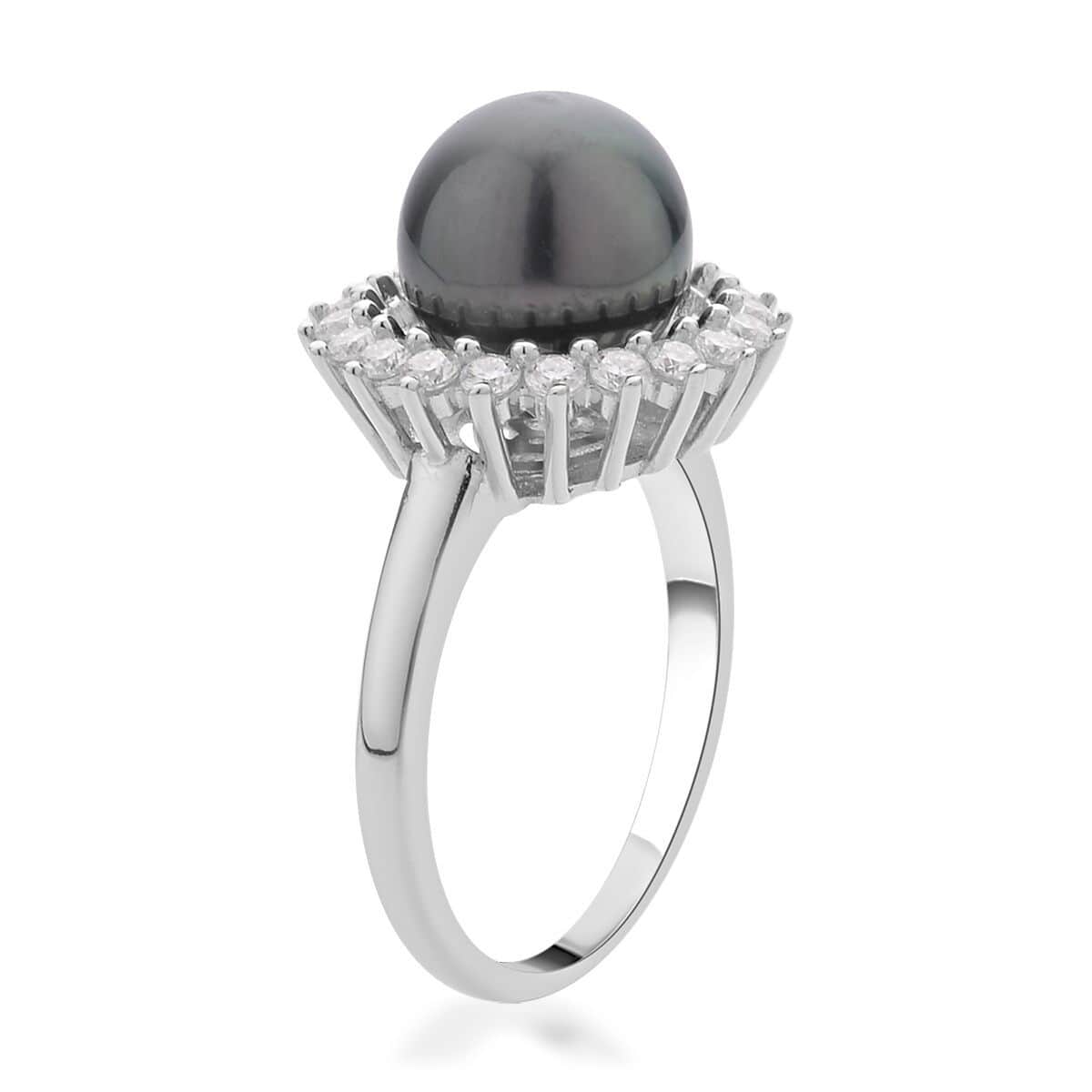 Tahitian Cultured Pearl 10-11mm and Moissanite Sunburst Ring in Sterling Silver 0.65 ctw image number 3