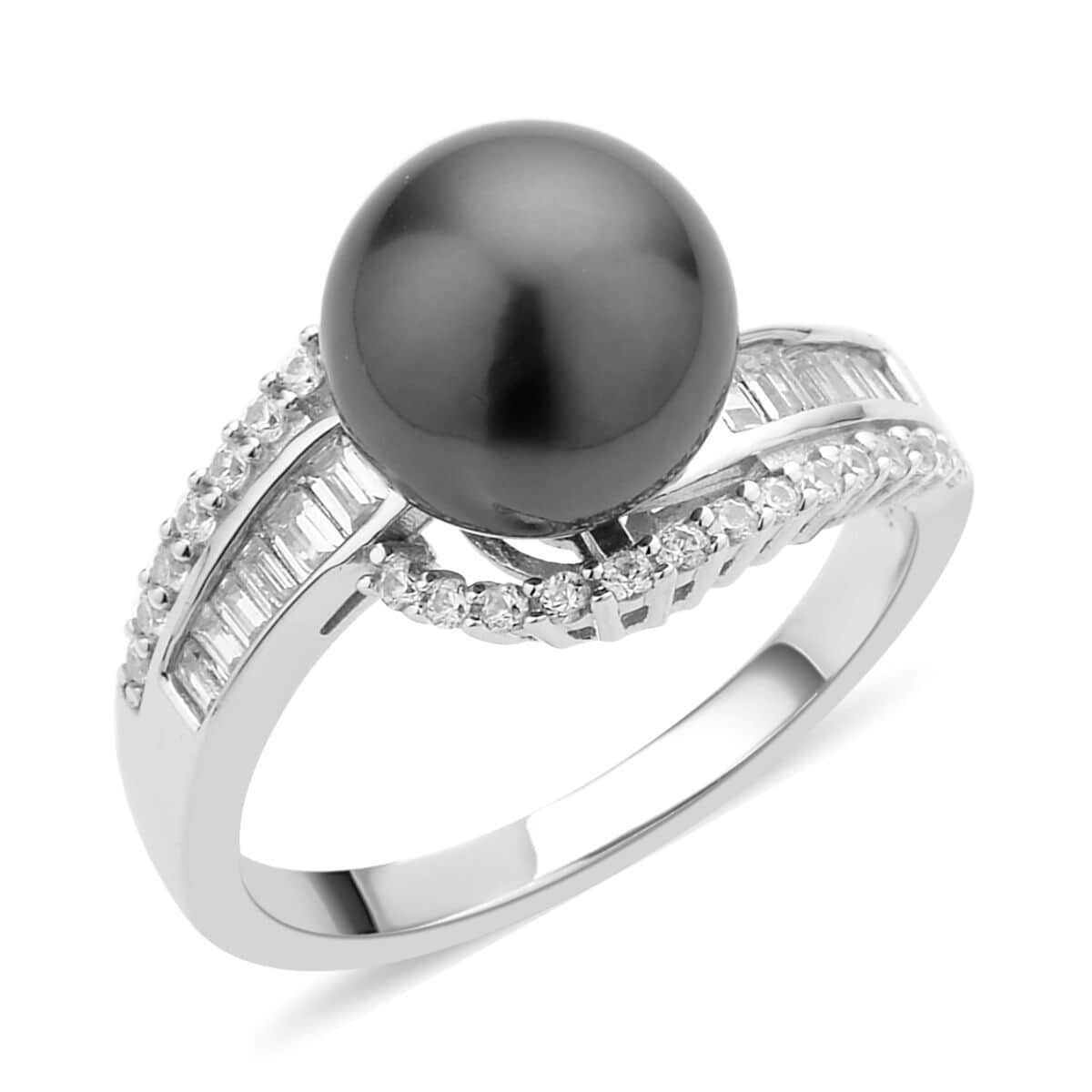 Tahitian Cultured Pearl and Natural White Zircon Ring in Rhodium Over Sterling Silver 0.75 ctw image number 0