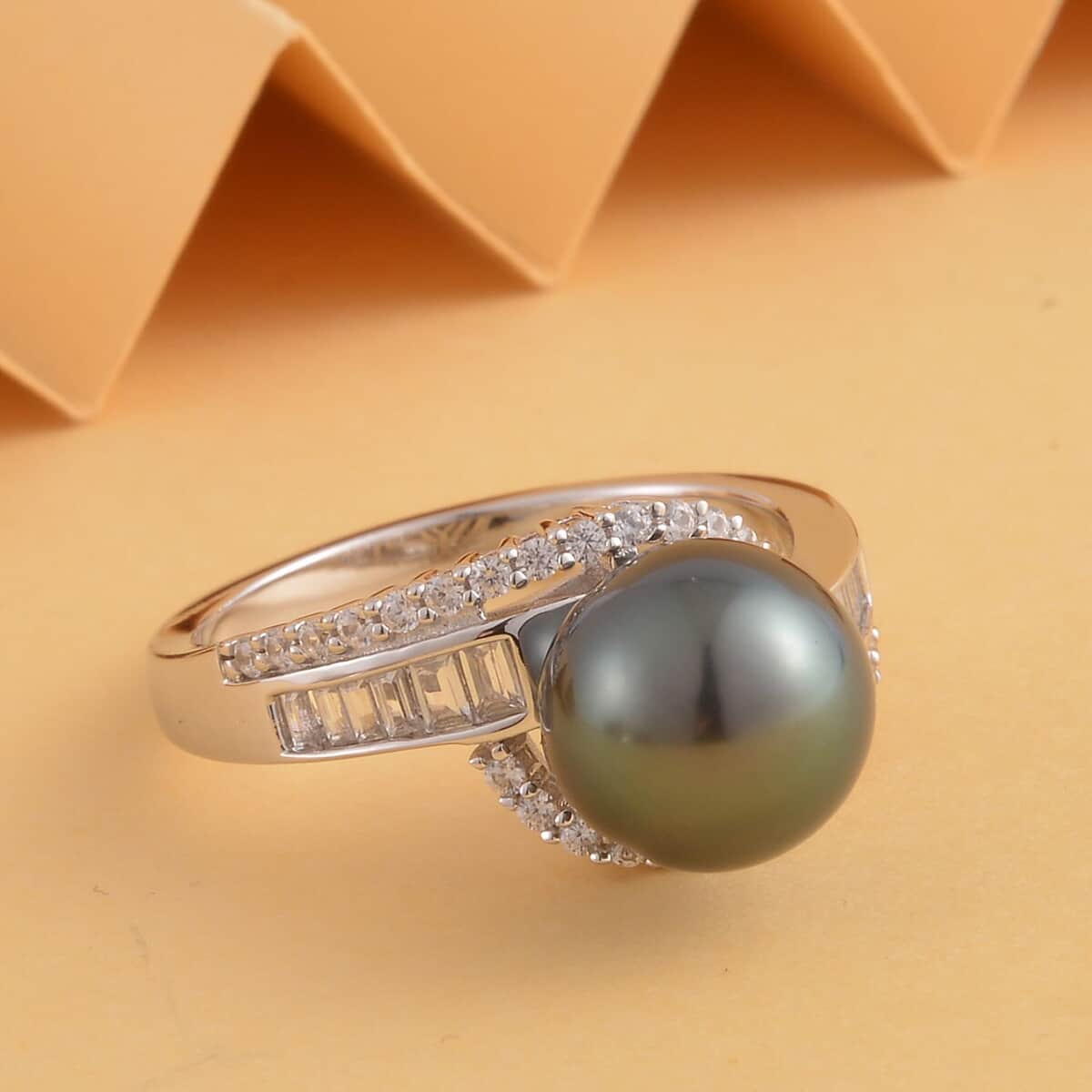 Tahitian Cultured Pearl and Natural White Zircon Ring in Rhodium Over Sterling Silver 0.75 ctw image number 1