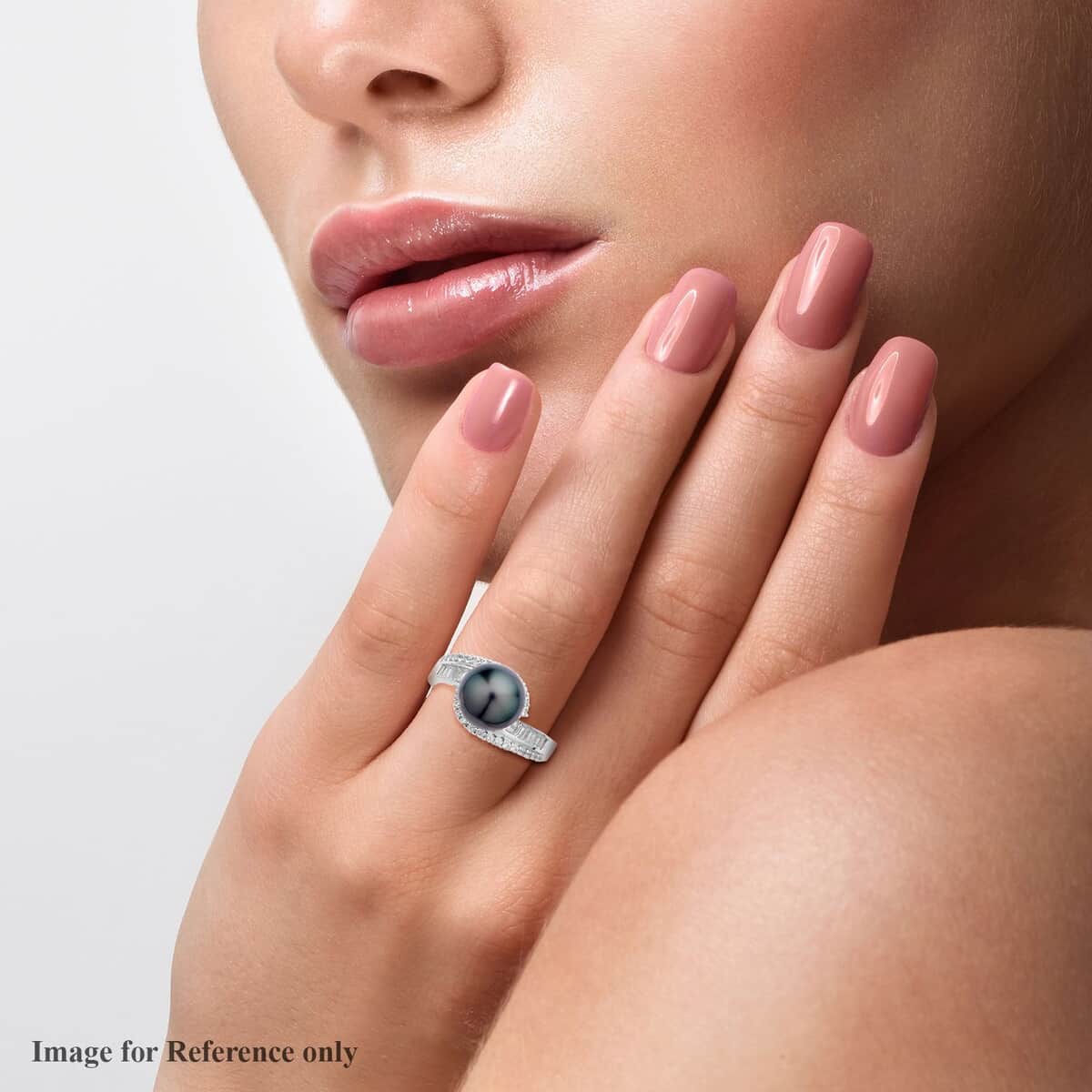 Tahitian Cultured Pearl and Natural White Zircon Ring in Rhodium Over Sterling Silver 0.75 ctw image number 2